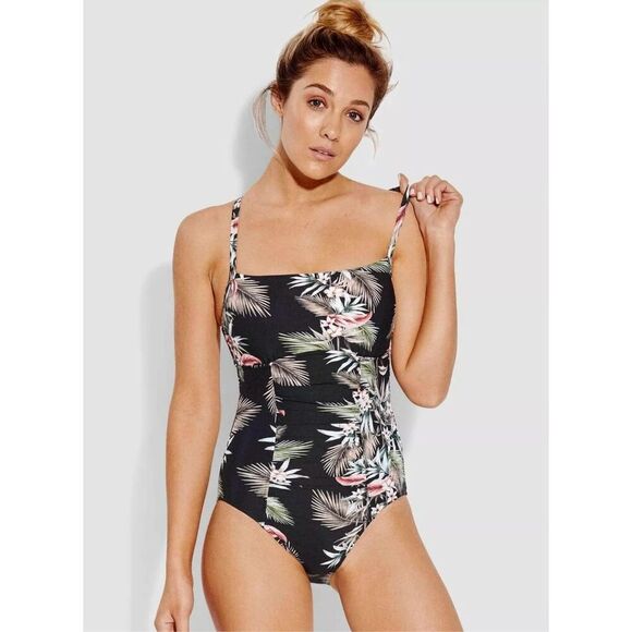 Seafolly Square Neck Maillot Swimsuits One Piece Size US 12 Black Green Tropical - Picture 1 of 8